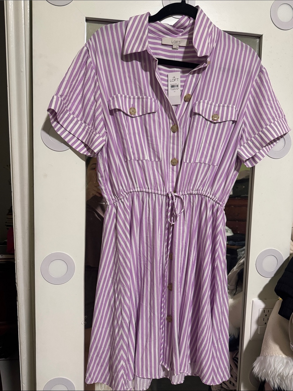 LOFT Lavender and White Stripe Drawstring Shirt Dress